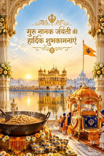 Ornate traditional Guru Nanak Gurpurab Hindi card with divine golden glow, serene reverent festive peaceful mood.