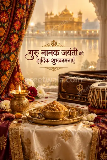 Premium golden Gurpurab card with serene Gurudwara glow, divine light, and elegant Hindi festive greetings radiating peace.