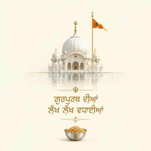 Elegant minimal Guru Nanak Gurpurab card with peaceful golden glow and Punjabi greeting 'ਗੁਰਪੁਰਬ ਦੀਆਂ ਲੱਖ ਲੱਖ ਵਧਾਈਆਂ'.