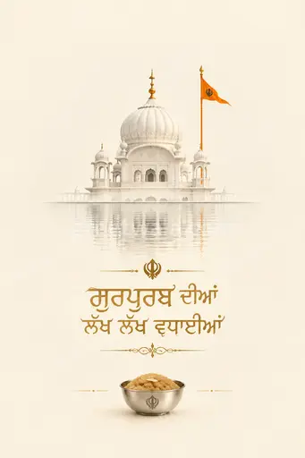 Elegant minimal Gurpurab card with serene golden glow, Ik Onkar symbol, and Punjabi festive blessings.