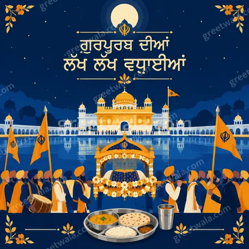 Serene modern flat vector Gurpurab card featuring golden temple, diyas, saffron blue tones with Punjabi festive blessings.