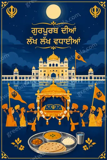 Modern flat vector Gurpurab card featuring ਗੁਰਪੁਰਬ ਦੀਆਂ ਲੱਖ ਲੱਖ ਵਧਾਈਆਂ with serene golden glow and peaceful festive mood.