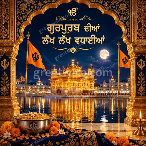 Ornate traditional Guru Nanak Gurpurab card with Punjabi greeting, golden gurdwara art and serene devotional glow.