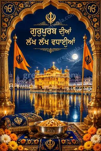 Ornate traditional Sikh card glowing with golden temple motifs, serene radiance, celebrating Gurpurab blessings in elegant Punjabi calligraphy.