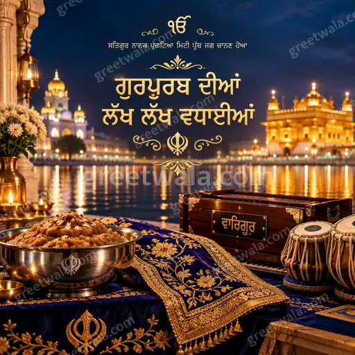 Premium serene Gurudwara night with golden divine glow, Ek Onkar Ik, conveying ਗੁਰਪੁਰਬ ਦੀਆਂ ਲੱਖ ਲੱਖ ਵਧਾਈਆਂ blessings.