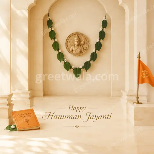 Elegant minimal card with serene saffron tones, divine glow, and Happy Hanuman Jayanti in graceful refined lettering.