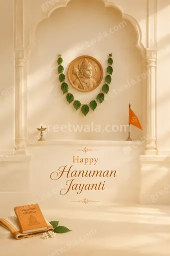 Elegant minimal card with serene saffron tones, subtle diya glow, conveying devotion and strength for Happy Hanuman Jayanti.