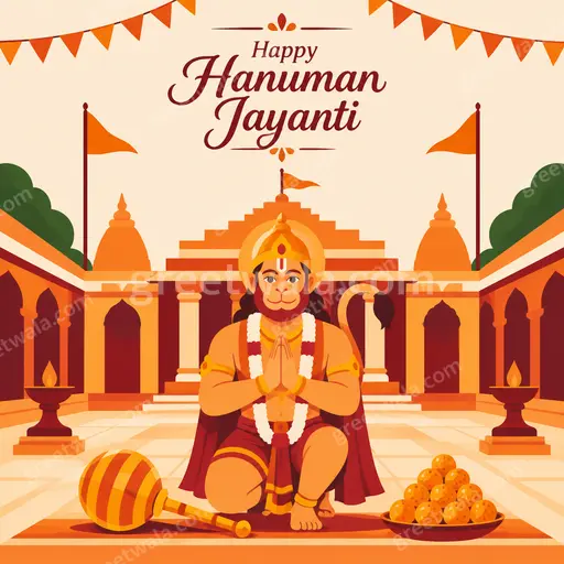 Modern flat vector Hanuman Jayanti card with Happy Hanuman Jayanti text, vibrant devotional mood and elegant festive style.