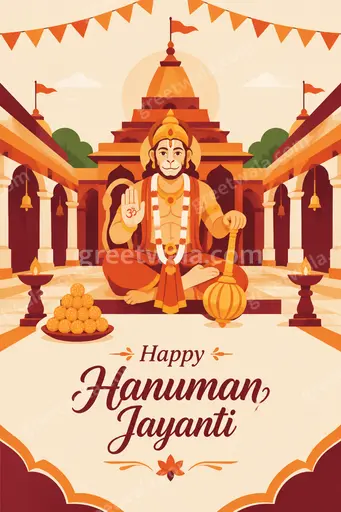 Vibrant modern flat vector card showing powerful Hanuman with Happy Hanuman Jayanti in bold English lettering.