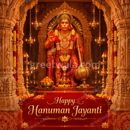 Ornate traditional card displaying Happy Hanuman Jayanti in gold lettering amid temple motifs radiating devotional warmth and reverence.