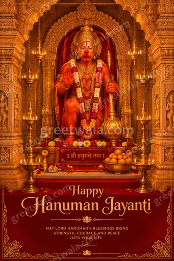 Ornate traditional card glowing with devotional warmth, featuring Lord Hanuman and elegant Happy Hanuman Jayanti lettering.