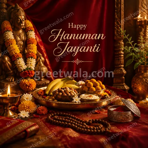 Premium showcase card radiating divine strength with majestic Hanuman, glowing saffron tones and elegant Happy Hanuman Jayanti lettering.