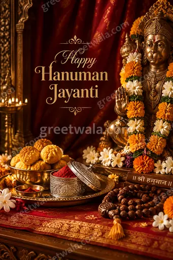 Premium Hanuman Jayanti card with 'Happy Hanuman Jayanti' in majestic devotional style, radiant saffron tones and divine strength.