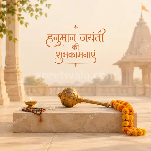 Elegant minimal Hanuman Jayanti card displaying "हनुमान जयंती की शुभकामनाएं" with calm saffron hues and reverent peaceful grace.