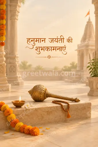 Elegant minimal Hanuman Jayanti card with soft saffron tones, serene glow, and Hindi greeting हनुमान जयंती की शुभकामनाएं.