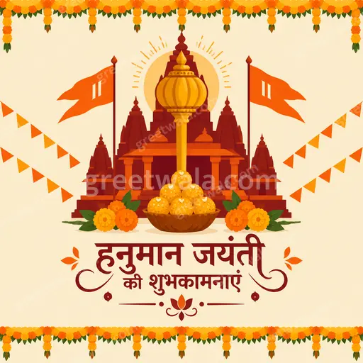Modern flat vector card display 'हनुमान जयंती की शुभकामनाएं' with vibrant devotional orange tones and joyful divine elegance.