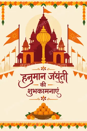 Modern flat vector card displaying 'हनुमान जयंती की शुभकामनाएं' with vibrant devotional mood and elegant festive style.
