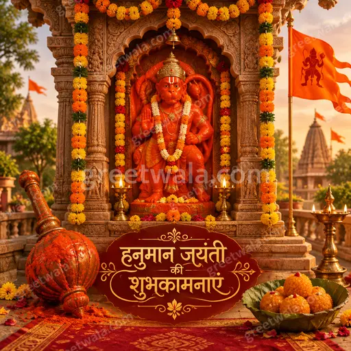 Ornate traditional Hanuman Jayanti card in Hindi displaying हनुमान जयंती की शुभकामनाएं with divine radiant devotional grandeur.
