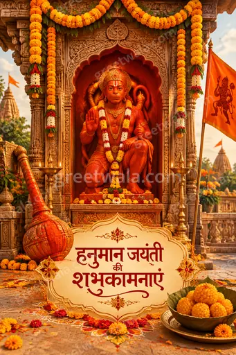 Ornate traditional Hanuman Jayanti card displaying हनुमान जयंती की शुभकामनाएं with golden motifs and devotional festive warmth.