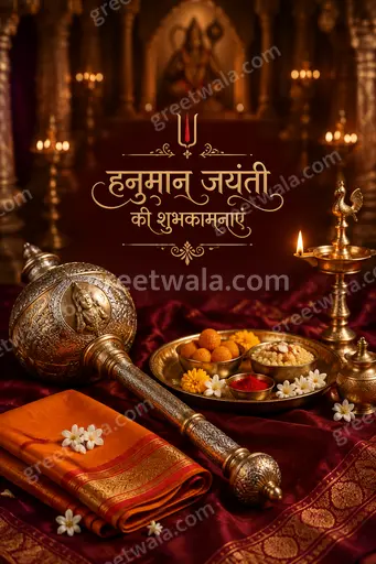 Premium divine Hanuman Jayanti Hindi greeting card radiating strength, devotion and golden festive blessings with majestic spiritual glow.