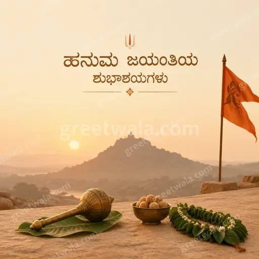Elegant minimal Hanuman Jayanti card in soft saffron tones with serene divine glow and graceful Kannada festive typography.