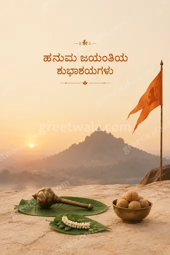 Elegant minimal card glowing in peaceful saffron hues displaying 'ಹನುಮ ಜಯಂತಿಯ ಶುಭಾಶಯಗಳು' with serene devotional grace.