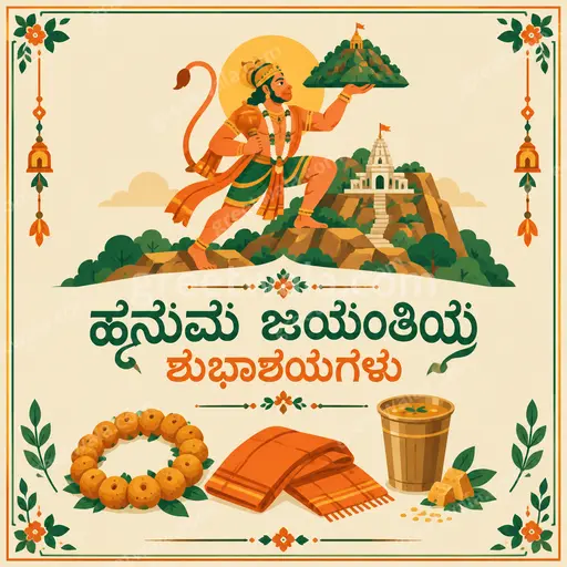 Vibrant flat vector Hanuman Jayanti card in Kannada displaying 'ಹನುಮ ಜಯಂತಿಯ ಶುಭಾಶಯಗಳು' with divine joyful festive charm.