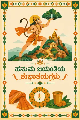 Vibrant modern flat vector card with devotional Hanuman motif displaying “ಹನುಮ ಜಯಂತಿಯ ಶುಭಾಶಯಗಳು” joyfully.