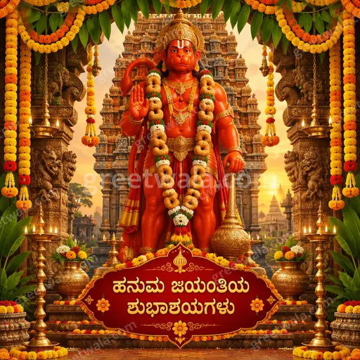 Ornate traditional card displaying 'ಹನುಮ ಜಯಂತಿಯ ಶುಭಾಶಯಗಳು' with divine Hanuman artwork in rich gold, red devotional splendor.