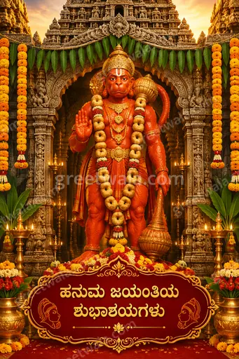 Ornate traditional Kannada Hanuman Jayanti card in devotional golden hues evoking strength, reverence, and joyful celebration.