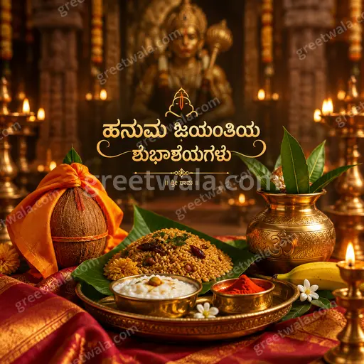 Premium Hanuman Jayanti card in Kannada displaying ಹನುಮ ಜಯಂತಿಯ ಶುಭಾಶಯಗಳು with divine radiant devotional elegant style.