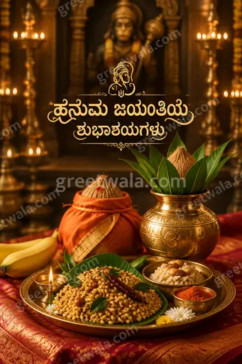 Premium Hanuman Jayanti card in Kannada displaying ಹನುಮ ಜಯಂತಿಯ ಶುಭಾಶಯಗಳು with divine majestic devotional golden elegance.