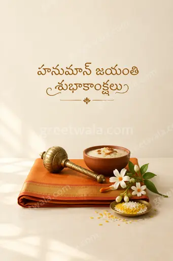 Elegant minimal Hanuman Jayanti card in Telugu displaying 'హనుమాన్ జయంతి శుభాకాంక్షలు' with serene saffron tones and graceful divine glow.