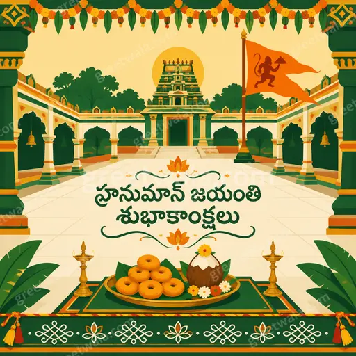 Modern flat vector card with powerful Hanuman illustration, saffron tones, festive glow, displaying Telugu greeting warmly.