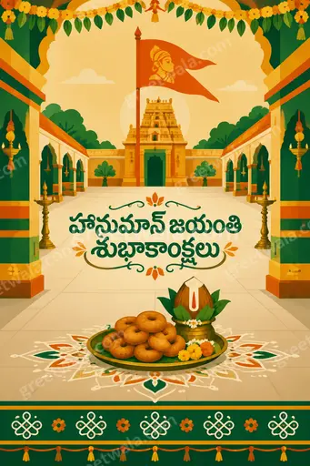 Modern flat vector card with radiant Hanuman illustration, festive orange hues, and Telugu greeting conveying divine strength and devotion.