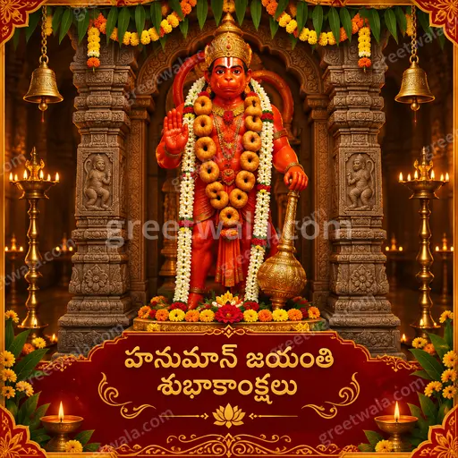 Ornate traditional Hanuman Jayanti card in Telugu displaying 'హనుమాన్ జయంతి శుభాకాంక్షలు' with divine radiant devotional mood.