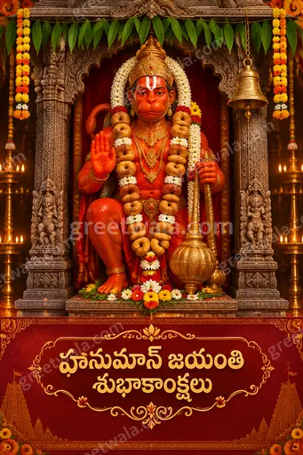 Ornate traditional Hanuman Jayanti card featuring Telugu greeting, divine artwork, golden accents, warm devotional festive mood.