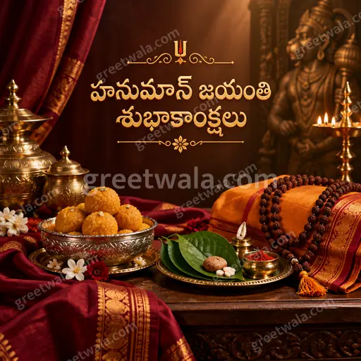 Premium divine Hanuman Jayanti Telugu card featuring 'హనుమాన్ జయంతి శుభాకాంక్షలు' with radiant golden devotional majestic glow.