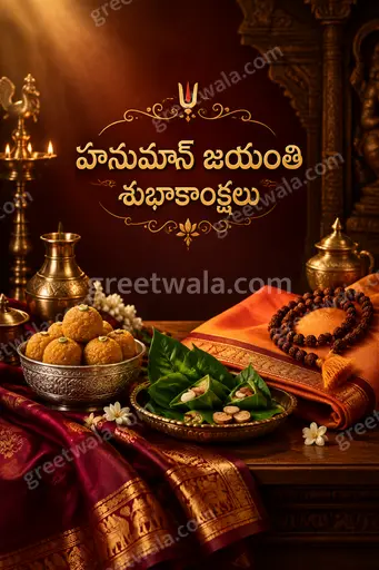 Premium Hanuman Jayanti card displaying 'హనుమాన్ జయంతి శుభాకాంక్షలు' with divine golden tones, majestic Hanuman, and festive devotional elegance.