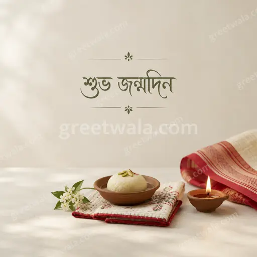Elegant minimal birthday card with soft gold accents and "শুভ জন্মদিন" in graceful Bengali calligraphy on ivory.
