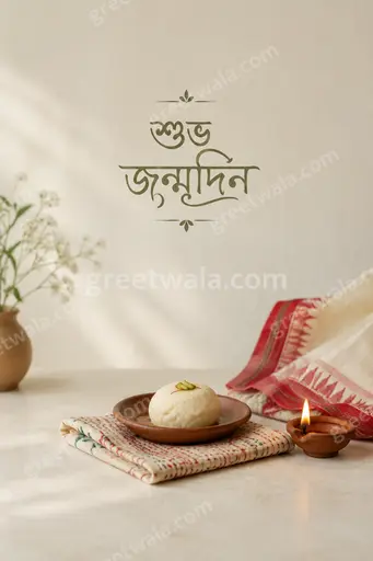 Elegant minimal birthday card featuring শুভ জন্মদিন in gold calligraphy on soft ivory with delicate floral accents.