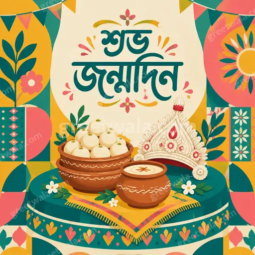 Cheerful modern flat vector birthday card in warm colors with festive confetti balloons and Bengali text শুভ জন্মদিন.