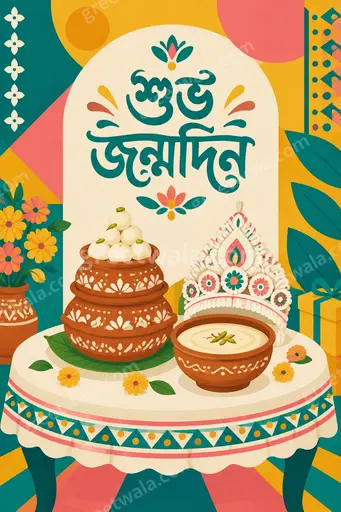 Cheerful modern flat vector birthday card in warm colors with balloons, cake, and Bengali text শুভ জন্মদিন glowing brightly.