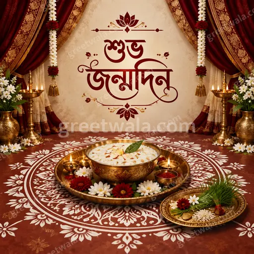 Ornate traditional Bengali Happy Birthday card with শুভ জন্মদিন in elegant gold lettering, warm festive joyful mood.