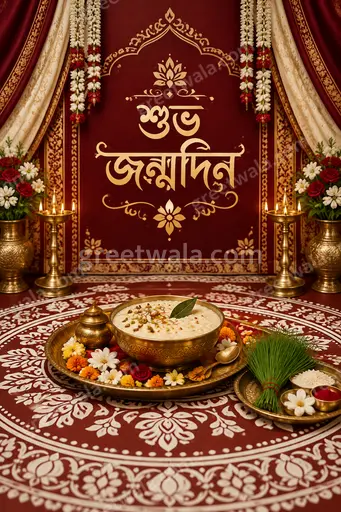 Ornate traditional Bengali Happy Birthday card displaying শুভ জন্মদিন with golden motifs, warm festive joyful elegant celebratory mood.