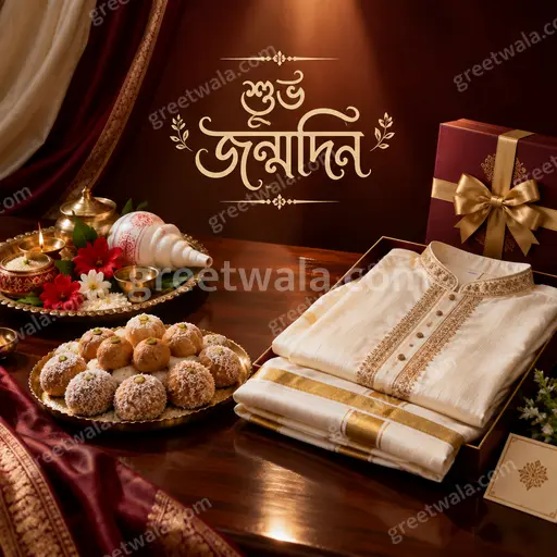 Premium Bengali Happy Birthday card displaying শুভ জন্মদিন with elegant festive florals and warm joyful celebration mood.