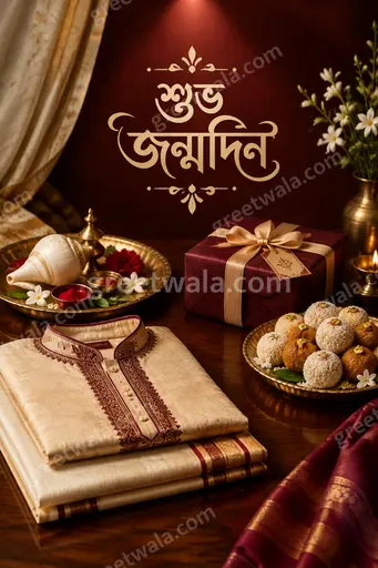 Premium Bengali Happy Birthday showcase card displaying শুভ জন্মদিন with elegant festive gold accents and joyful celebratory mood.