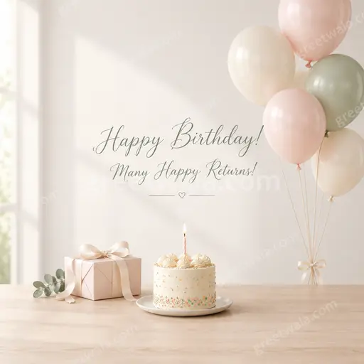 Elegant minimal Happy Birthday card with soft pastel tones, delicate gold accents, and warm joyful celebration mood.