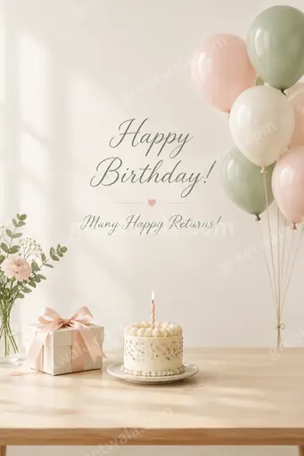 Elegant minimal birthday card with soft pastel tones, delicate gold accents, and graceful Happy Birthday! Many Happy Returns! lettering.