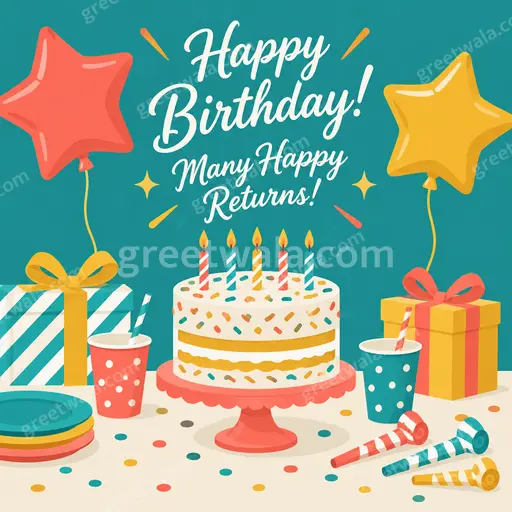 Cheerful festive modern flat vector birthday card displaying Happy Birthday Many Happy Returns with colorful confetti.
